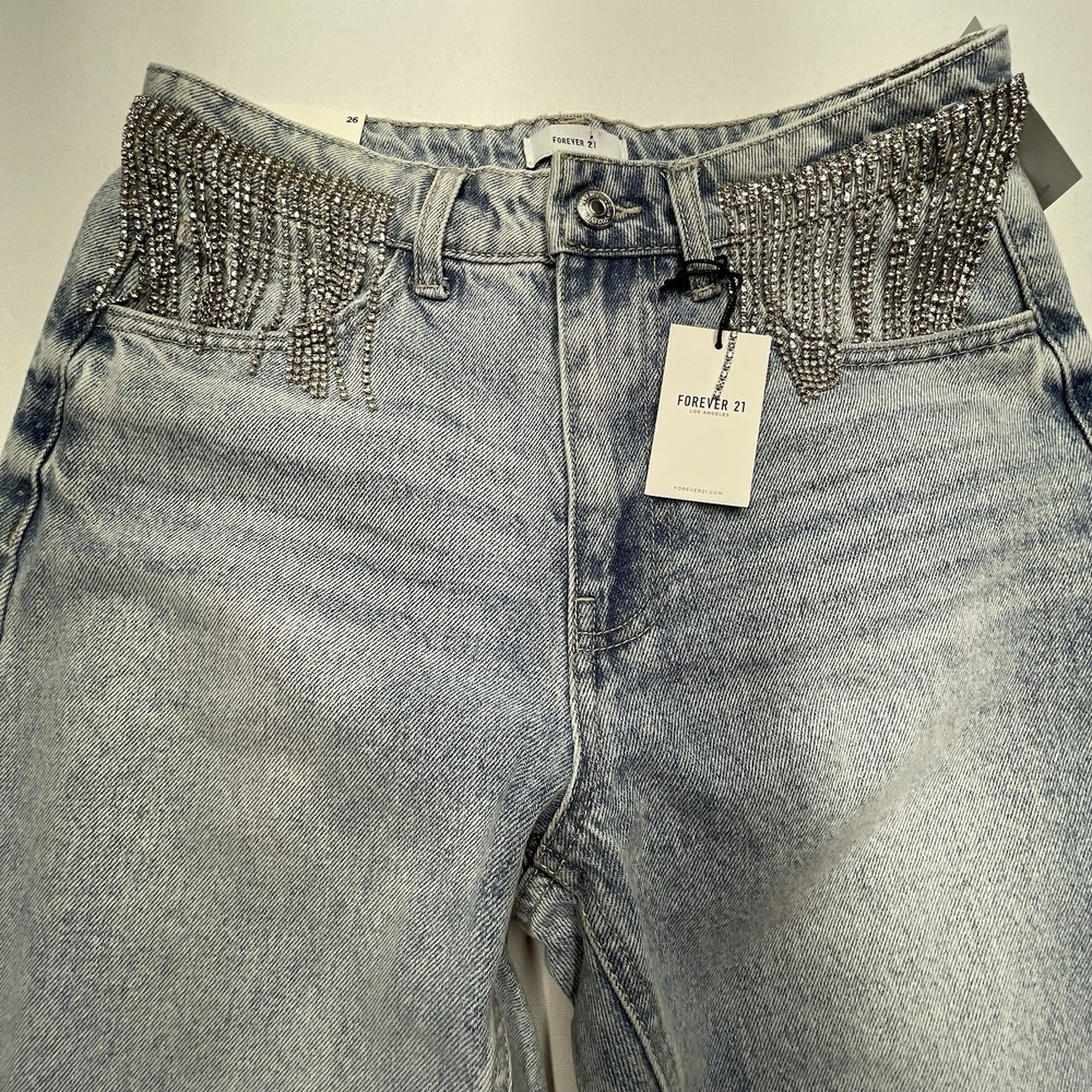 Forever 21 Women's Jeans 26 Rhinestone Fringe On Pockets Light Blue‎ Distressed